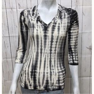 XCVI Tie Dye 3/4 Sleeve V Neck Top w/Rhinestones